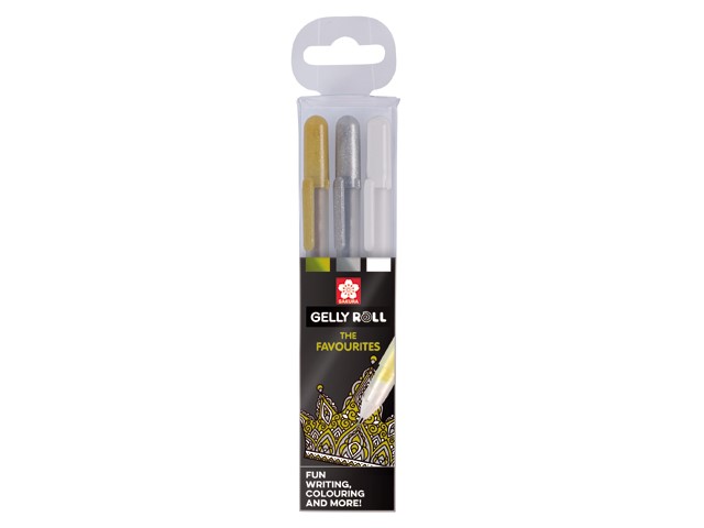 3 gelpen Goud zilver wit in etui Sakura